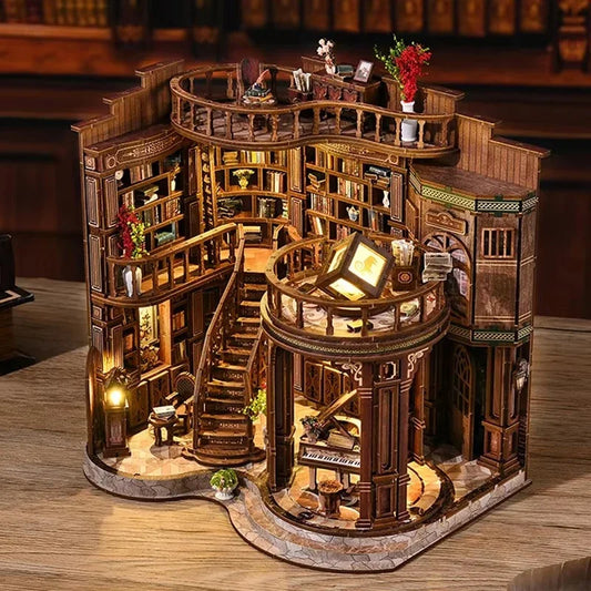DIY Wooden Miniature Kit: Retro Dreamy Book Hall with LED Lights