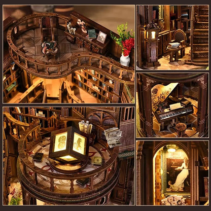 DIY Wooden Miniature Kit: Retro Dreamy Book Hall with LED Lights