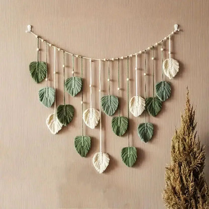 Boho Macrame Leaf Wall Hanging - Handmade Cotton Feather Tapestry