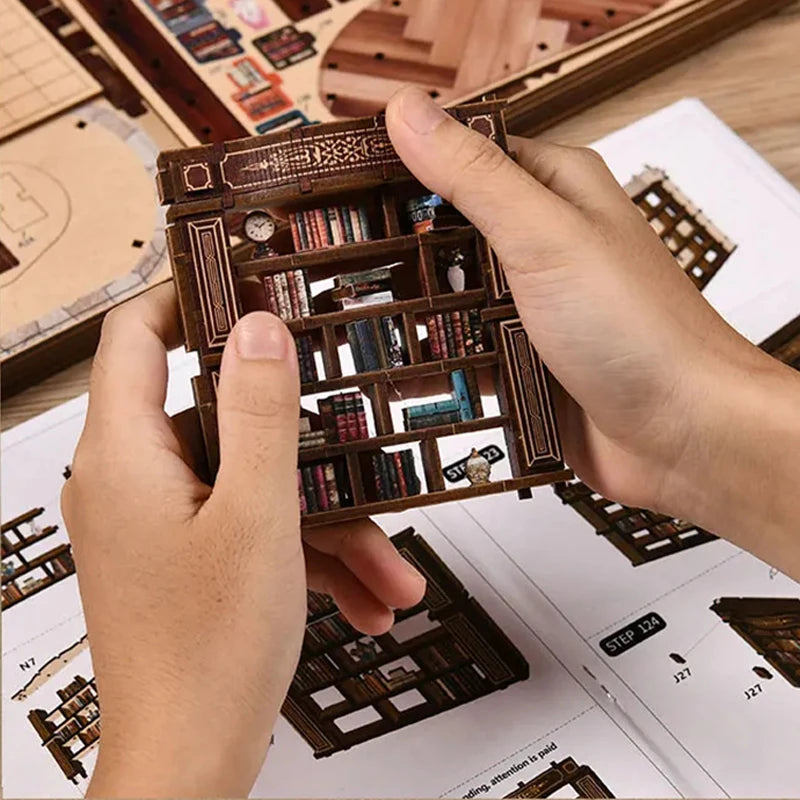 DIY Wooden Miniature Kit: Retro Dreamy Book Hall with LED Lights