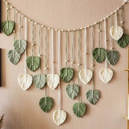Boho Macrame Leaf Wall Hanging - Handmade Cotton Feather Tapestry