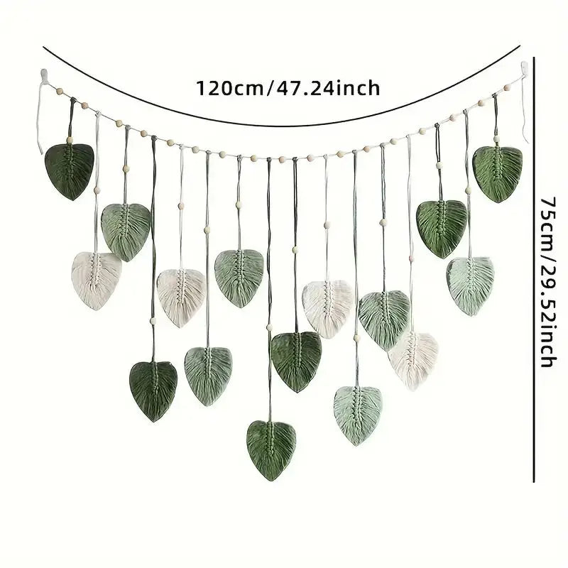 Boho Macrame Leaf Wall Hanging - Handmade Cotton Feather Tapestry