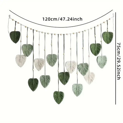 Boho Macrame Leaf Wall Hanging - Handmade Cotton Feather Tapestry