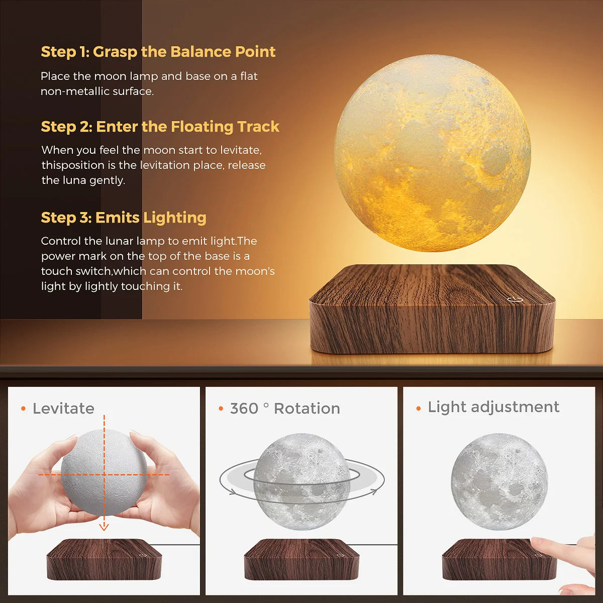 Levitating Moon Magnetic Floating Lamp - 3D Printed LED Night Light