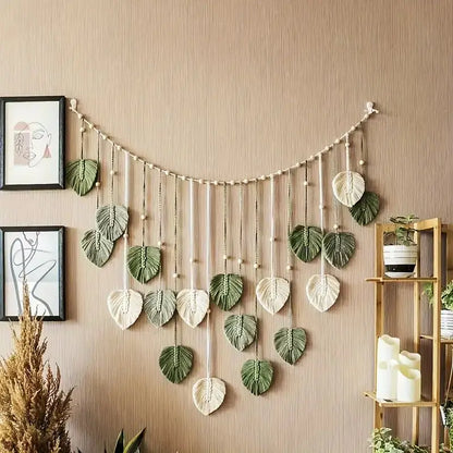 Boho Macrame Leaf Wall Hanging - Handmade Cotton Feather Tapestry