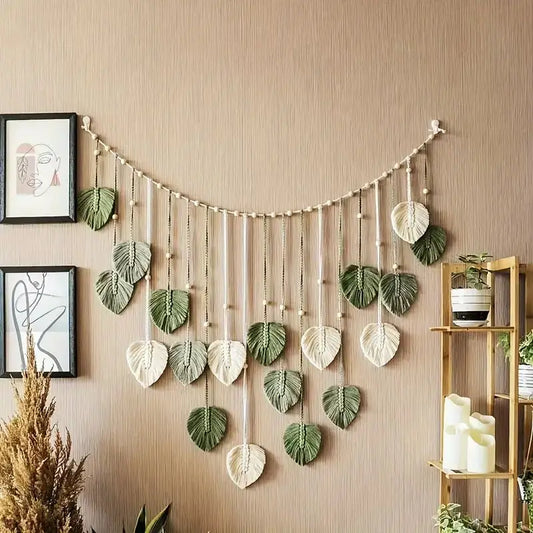 Boho Macrame Leaf Wall Hanging - Handmade Cotton Feather Tapestry
