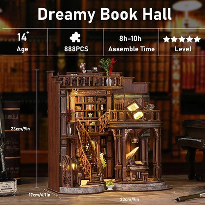 DIY Wooden Miniature Kit: Retro Dreamy Book Hall with LED Lights