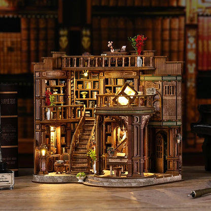 DIY Wooden Miniature Kit: Retro Dreamy Book Hall with LED Lights