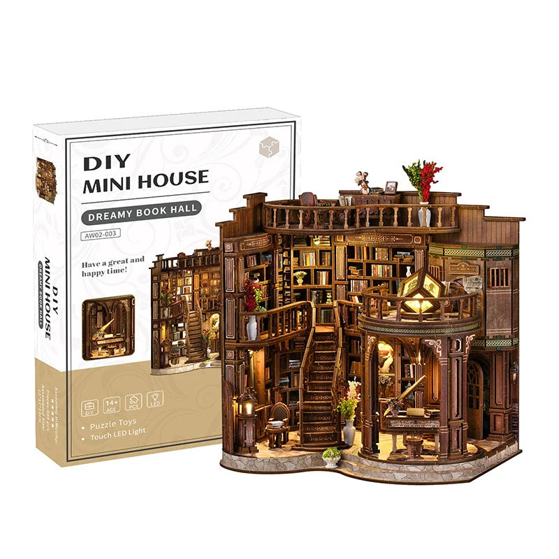 DIY Wooden Miniature Kit: Retro Dreamy Book Hall with LED Lights